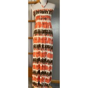 90s Mudd Womens Maxi Dress Orange Brown Tie Dye Smocked Halter Size M